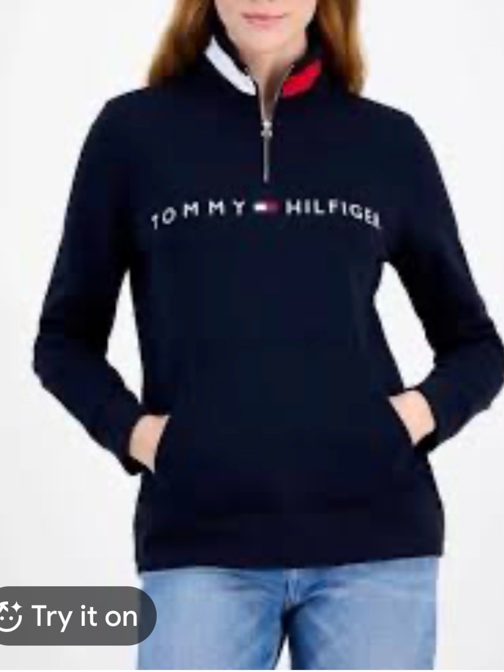 Women Tommy Hilfiger Navy quarter zip Sweat shirt with Signature Trim size M